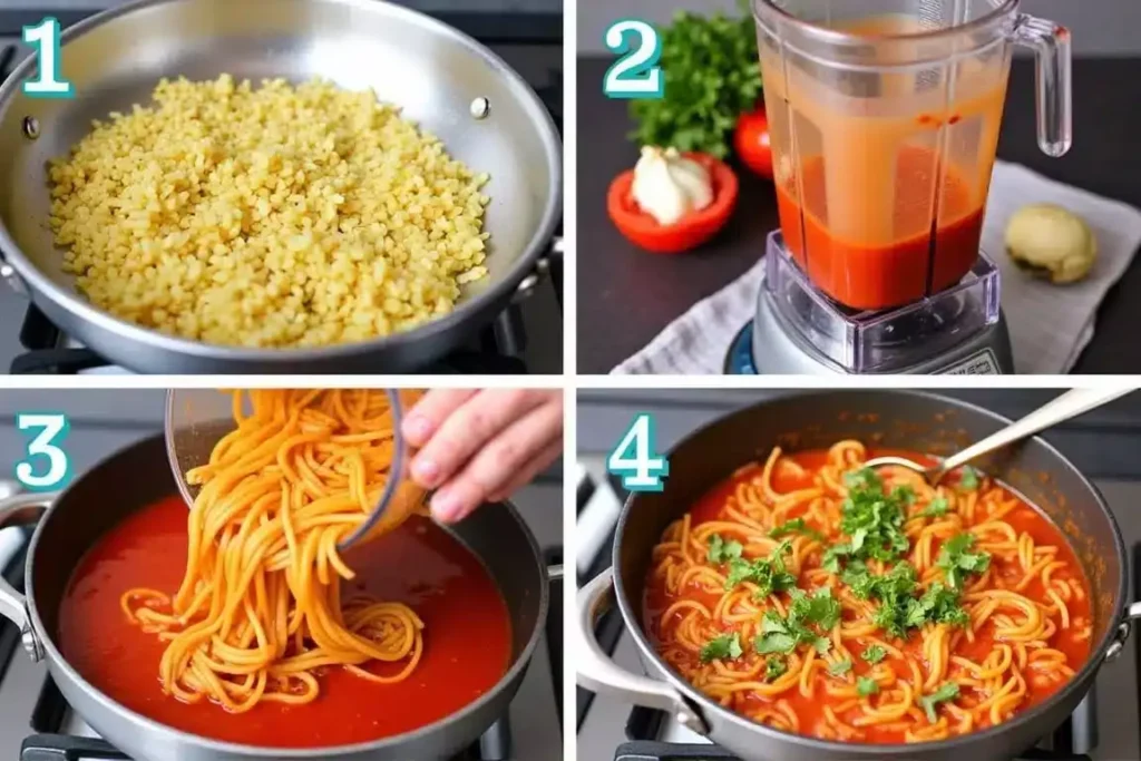 Golden sautéed fideo noodles simmering in a savory broth with fresh vegetables