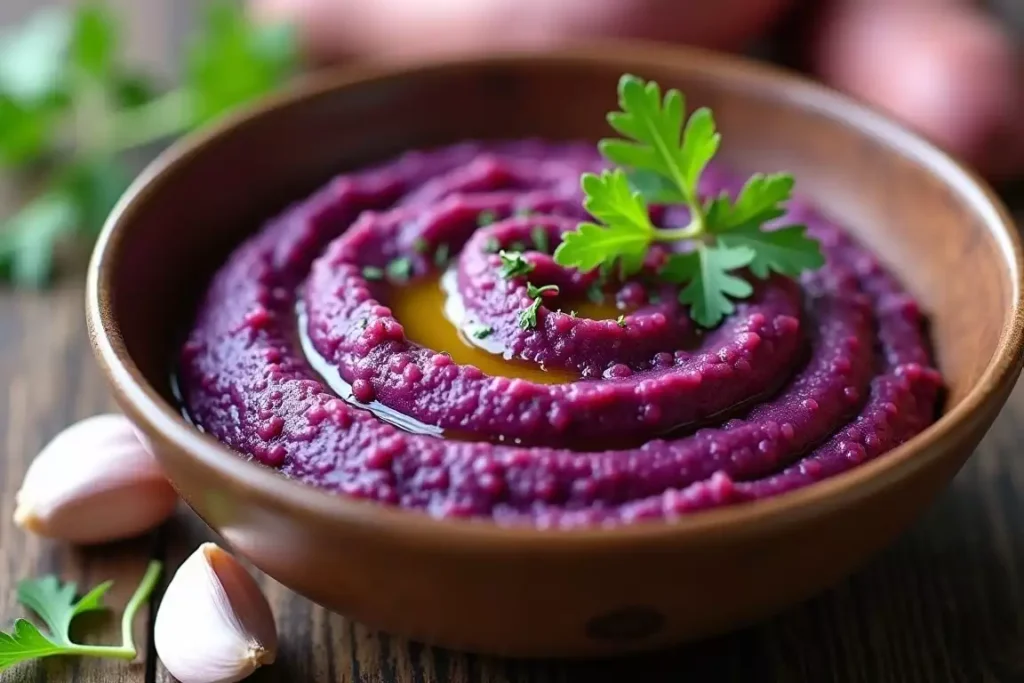 Creamy purple sweet potato mash in a bowl with butter and herbs