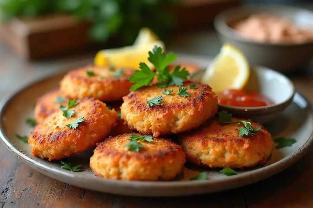 Golden-brown old fashioned salmon patties served on a plate with a side of lemon wedges and fresh herbs