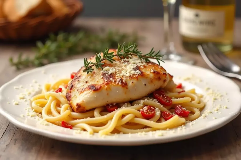 Marry Me Chicken served in a creamy Parmesan and sun-dried tomato sauce, paired with pasta and garnished with fresh herbs