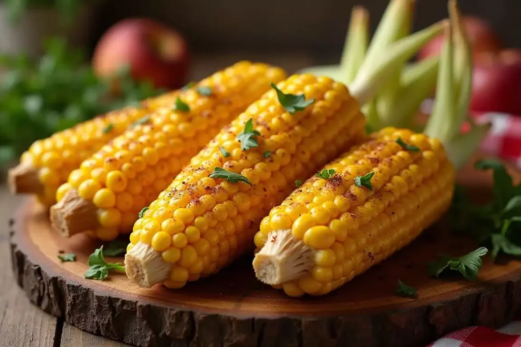 Smoked corn on the cob with a golden, caramelized exterior, served on a platter with butter and fresh herbs