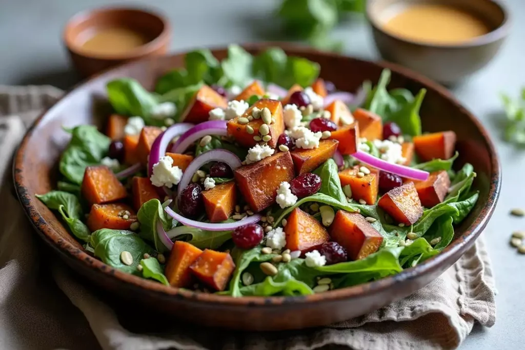 Purple sweet potato salad with greens and a tangy dressing