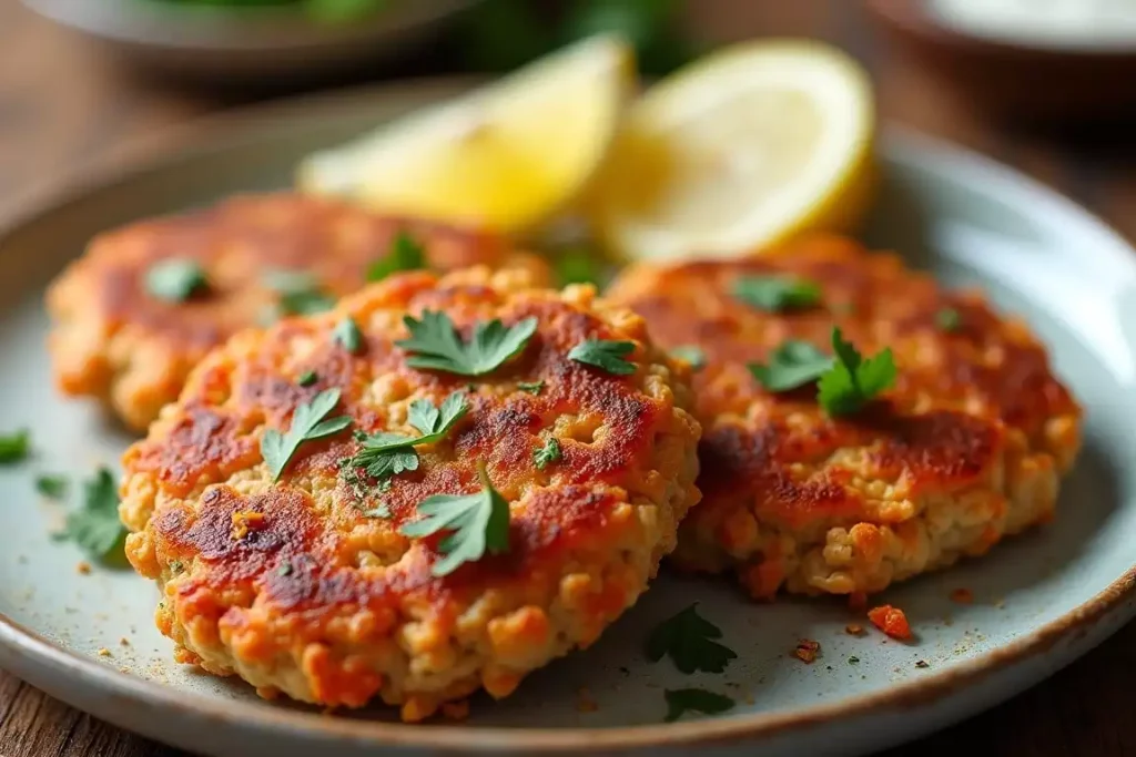 Quick and easy salmon patties made with canned salmon, served with a side of vegetables and lemon wedges