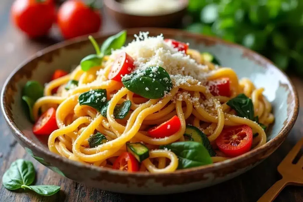 Vegetarian fideo primavera with bell peppers, zucchini, and spinach, garnished with fresh herbs