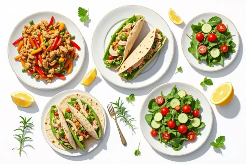 Easy gluten-free lunch with a turkey and avocado wrap, mixed greens, and colorful vegetables