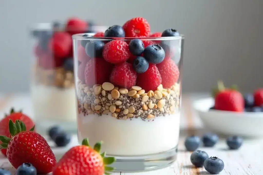 Keto cottage cheese and berry parfait layered in a glass with nuts and seeds