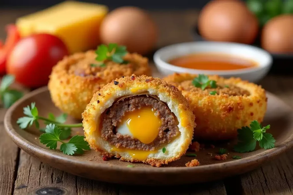 Golden, crispy armadillo eggs served on a plate with dipping sauce