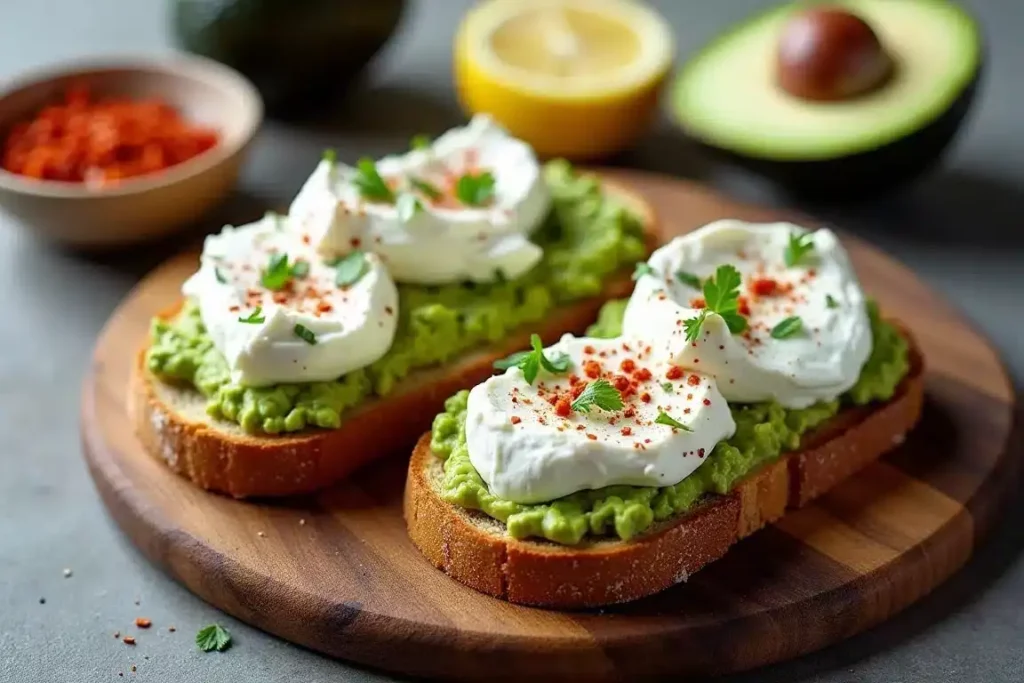 Keto cottage cheese and avocado toast on low-carb bread, topped with fresh herbs