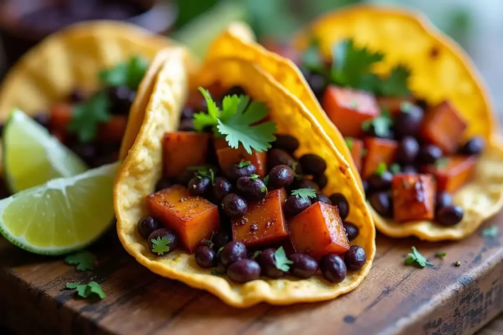 Purple sweet potato and black bean tacos topped with fresh cilantro and lime