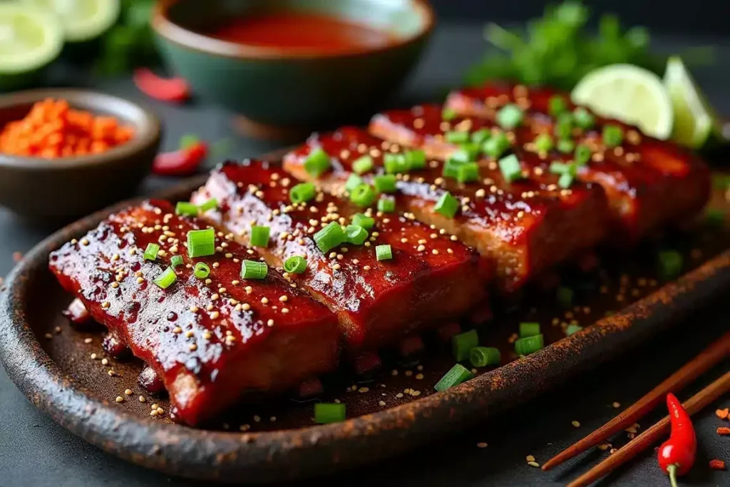 Spicy Asian beef back ribs glazed with soy and honey