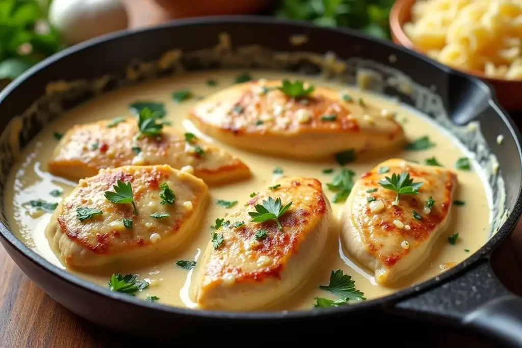 Creamy garlic Philadelphia cheese and chicken skillet, a savory one-pan dish with tender chicken in a rich, cheesy garlic sauce.