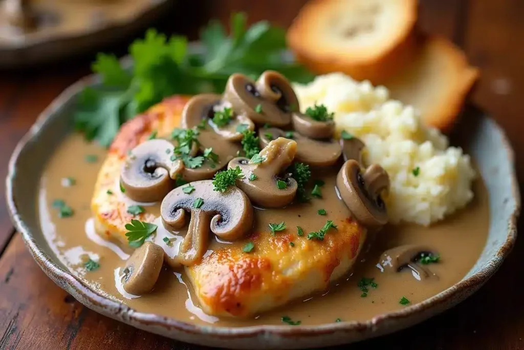 Creamy Mushroom Alice Springs Chicken topped with a rich mushroom sauce and fresh herbs