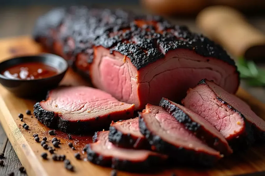 Classic smoked brisket sliced to reveal its juicy, tender texture and a rich, smoky crust