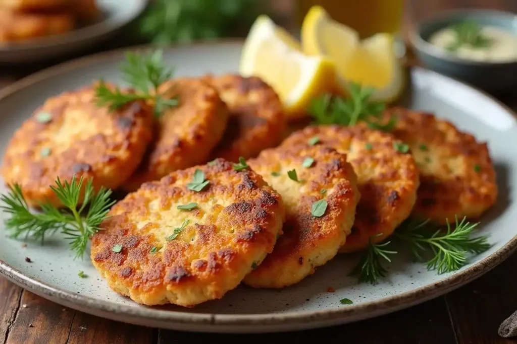 Golden-brown old fashioned salmon patties served on a plate with lemon wedges and fresh dill garnish