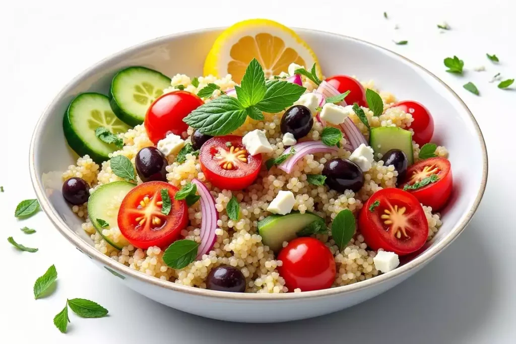 Mediterranean quinoa bowl with cherry tomatoes, cucumber, olives, feta, and a lemon vinaigrette drizzle