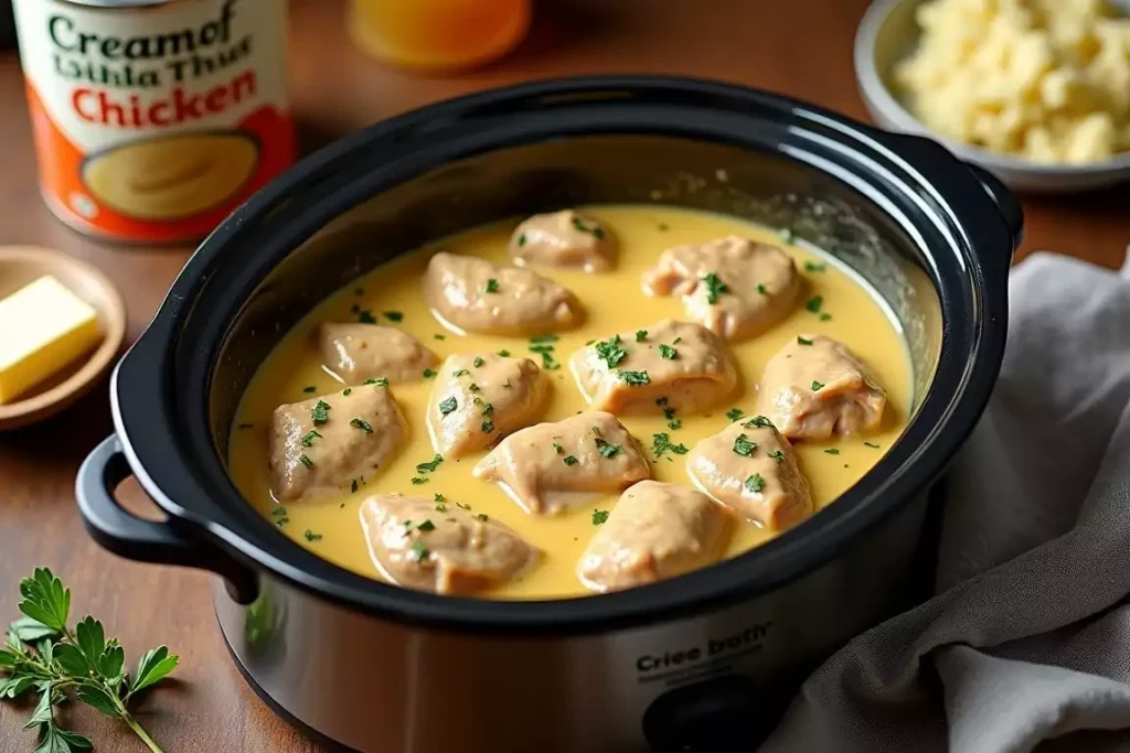 Slow cooker chicken in a creamy sauce made with cream of chicken soup, served with mashed potatoes and garnished with fresh parsley