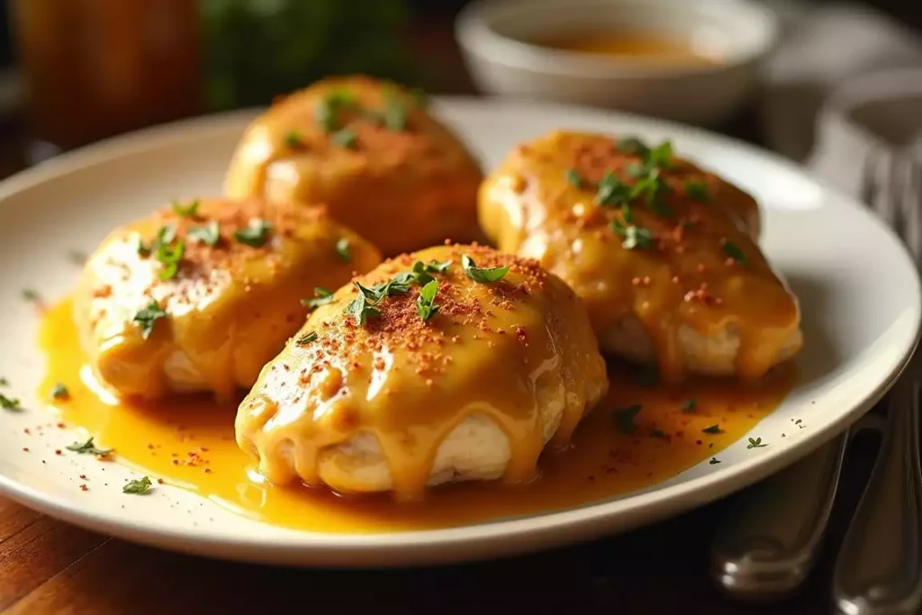 Honey mustard smothered chicken thighs in a golden, creamy sauce, garnished with fresh parsley