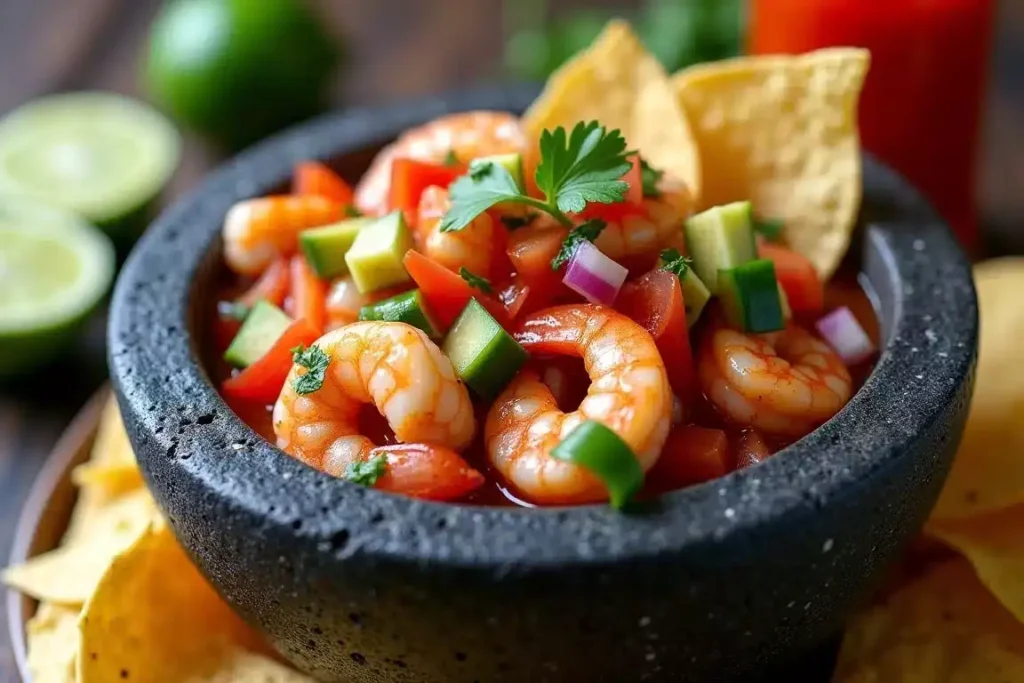 Molcajete shrimp cocktail with shrimp, avocado, and zesty tomato sauce garnished with cilantro