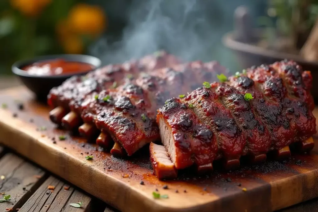 Smoked beef ribs with a rich, caramelized crust, served on a wooden board with a side of BBQ sauce