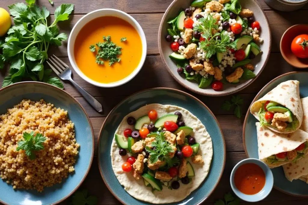 Variety of satisfying gluten-free meals, including a hearty soup, a vibrant salad, and grilled vegetables