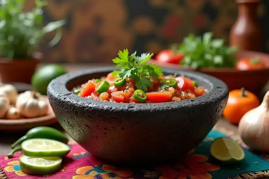 Traditional molcajete recipe of volcanic rock, surrounded by fresh ingredients