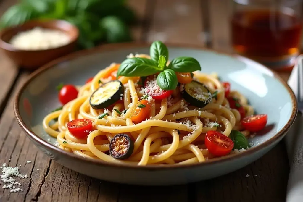 Marry Me Pasta served in a creamy Parmesan and sun-dried tomato sauce, garnished with fresh herbs and paired with sautéed vegetables