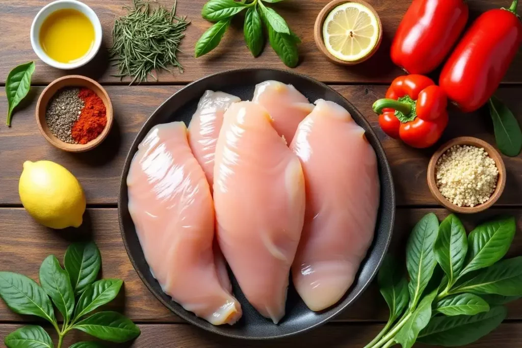 Ingredients needed for thin sliced chicken breast recipes, including chicken breasts, olive oil, garlic, herbs, and seasoning.