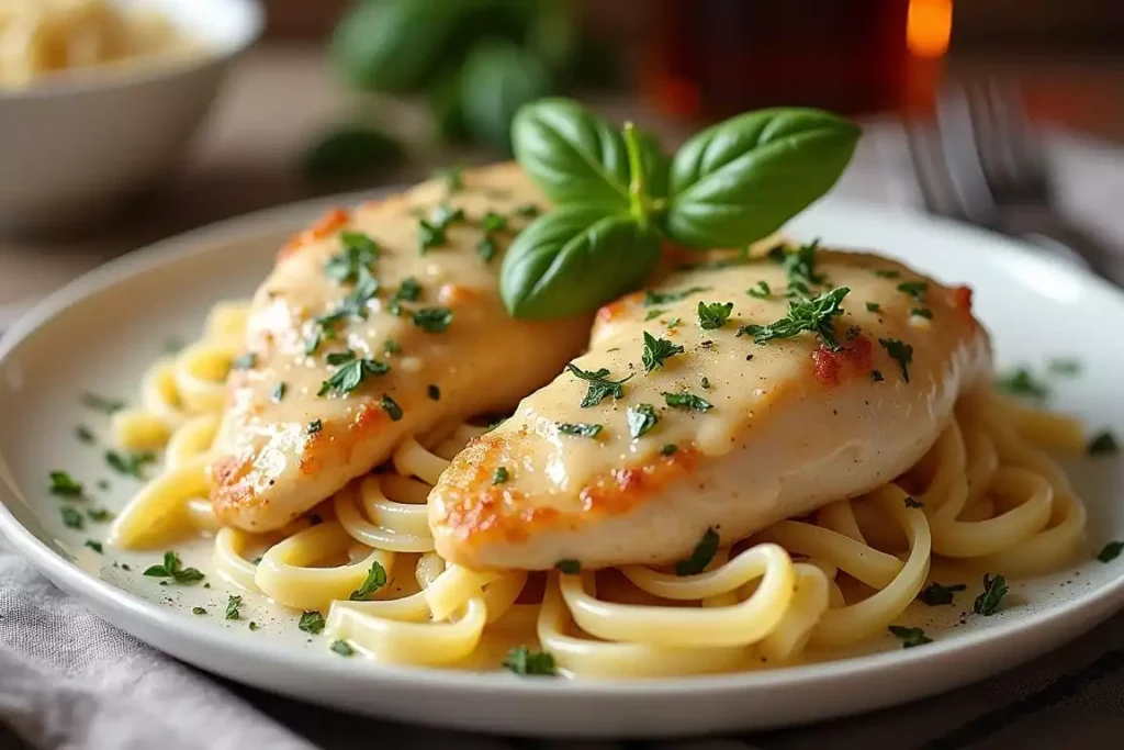 Garlic Parmesan smothered chicken topped with a creamy Parmesan sauce and fresh parsley, served with sautéed vegetables