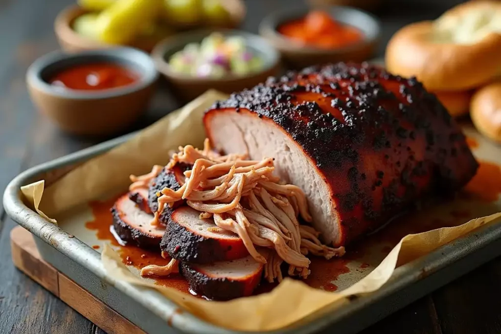 Smoked pulled pork served on a wooden platter, tender and juicy with a rich smoky crust, accompanied by BBQ sauce