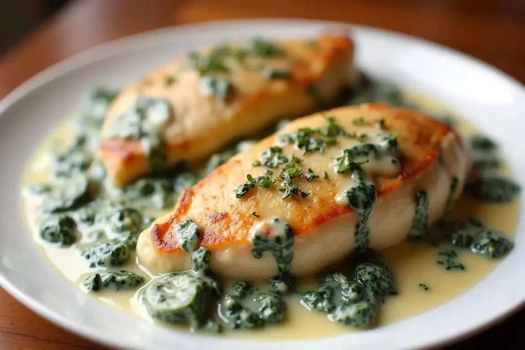 Creamy spinach smothered chicken served in a rich sauce with fresh spinach and garnished with parsley