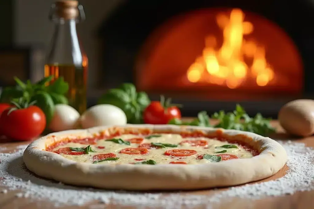 Classic Neapolitan pizza dough topped with fresh mozzarella, basil, and tomatoes