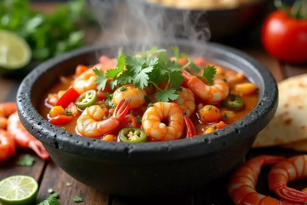 Seafood Molcajete with shrimp, scallops, and fish in a spicy bubbling broth, served in a volcanic stone bowl