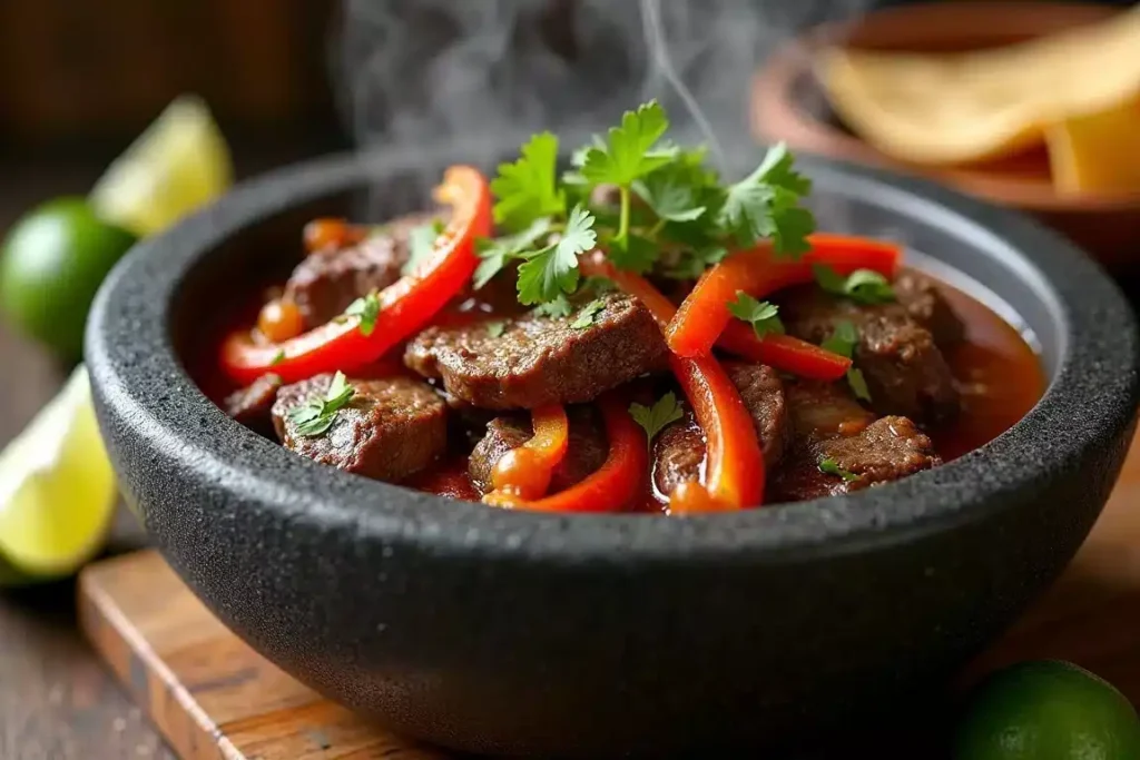 Molcajete steak fajitas with sizzling beef, grilled vegetables, and fresh garnishes served in a volcanic stone bowl