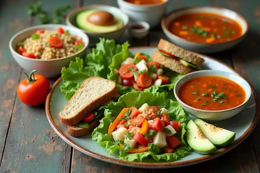 Gluten-free lunch foods including a grain bowl with colorful vegetables and a sandwich made with gluten-free bread