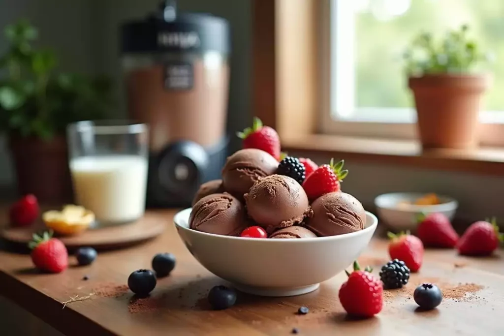 Protein powder ice cream made with the Ninja Creami, served in a bowl with fresh fruit and a drizzle of chocolate