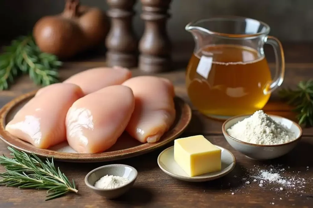 Ingredients for chicken and gravy, including chicken breasts, chicken broth, butter, flour, garlic, and seasonings