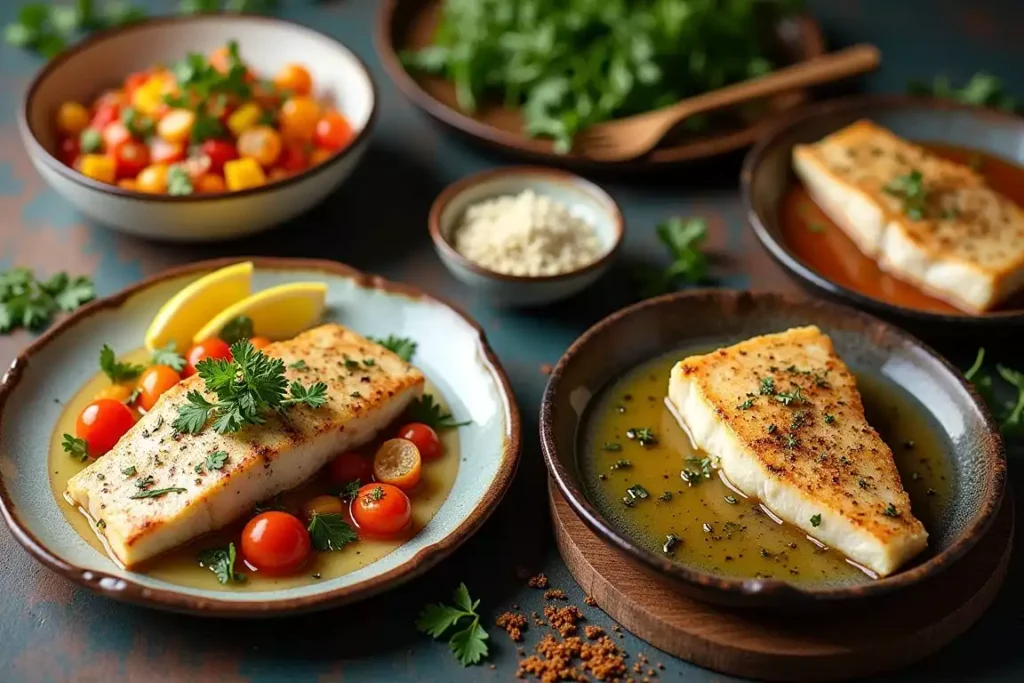 Grilled rockfish fillet garnished with fresh herbs and lemon slices, served on a rustic plate