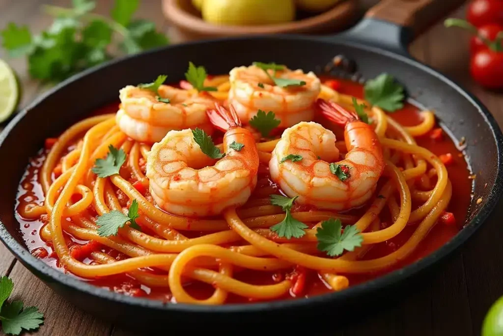 Spicy shrimp fideo with chili flakes, paprika, and lime, garnished with fresh herbs