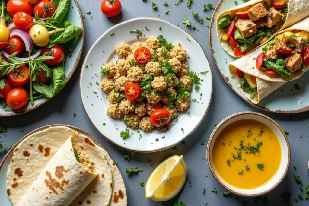 Colorful gluten-free lunch plate with grilled chicken, quinoa salad, and fresh vegetables