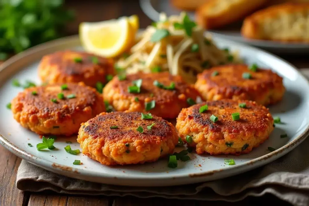 Golden, crispy Southern fried salmon patties served on a platter with lemon wedges and fresh herbs