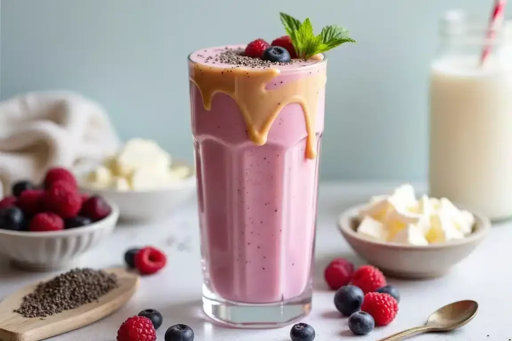 Keto cottage cheese smoothie in a glass, garnished with berries and mint