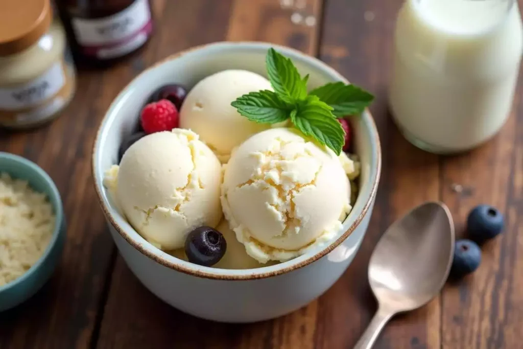 Zero-sugar Ninja Creami ice cream served in a bowl, topped with fresh berries and mint leaves