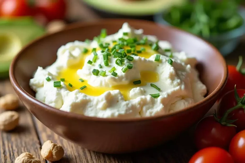 Bowl of keto cottage cheese topped with fresh herbs and olive oil