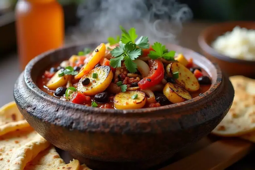 Vegetarian Molcajete with grilled vegetables, beans, and rich tomato sauce in a volcanic stone bowl