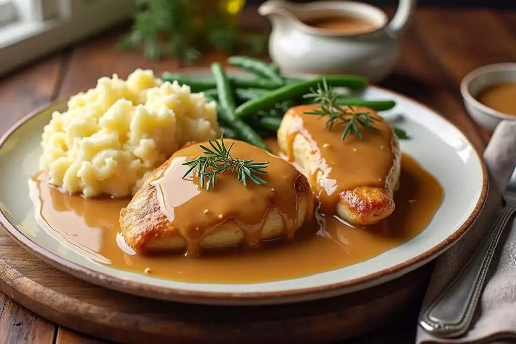 Classic chicken and gravy served over mashed potatoes with a side of green beans, garnished with fresh herbs