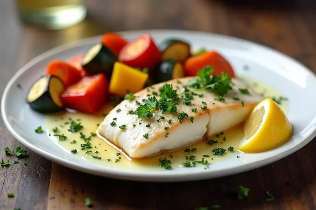 Lemon herb rockfish fillet served with roasted vegetables and garnished with fresh parsley