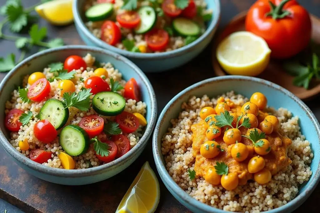 Gluten-free lunch ideas featuring a colorful quinoa salad, grilled vegetables, and avocado slices