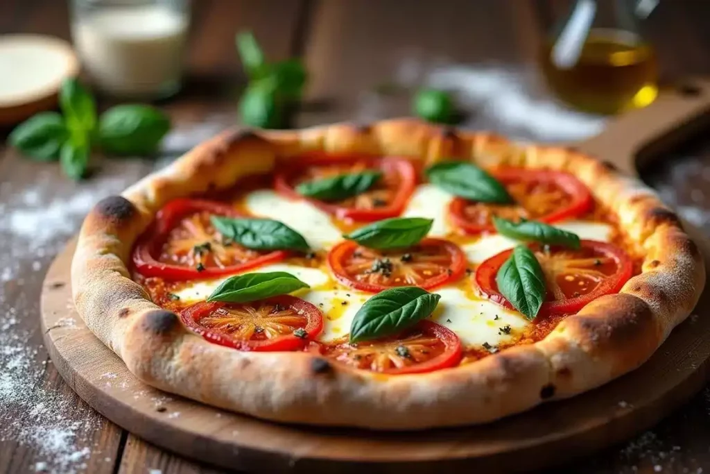 Sourdough Italian pizza dough, stretched and ready for baking