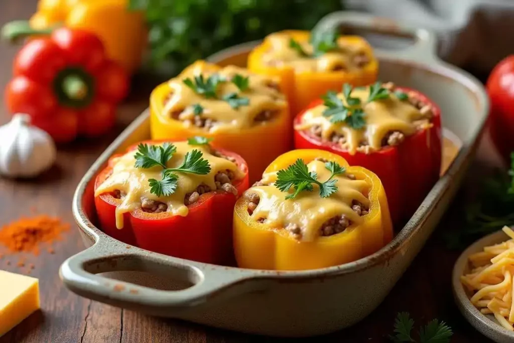 Savory keto cottage cheese stuffed peppers baked and garnished with fresh herbs