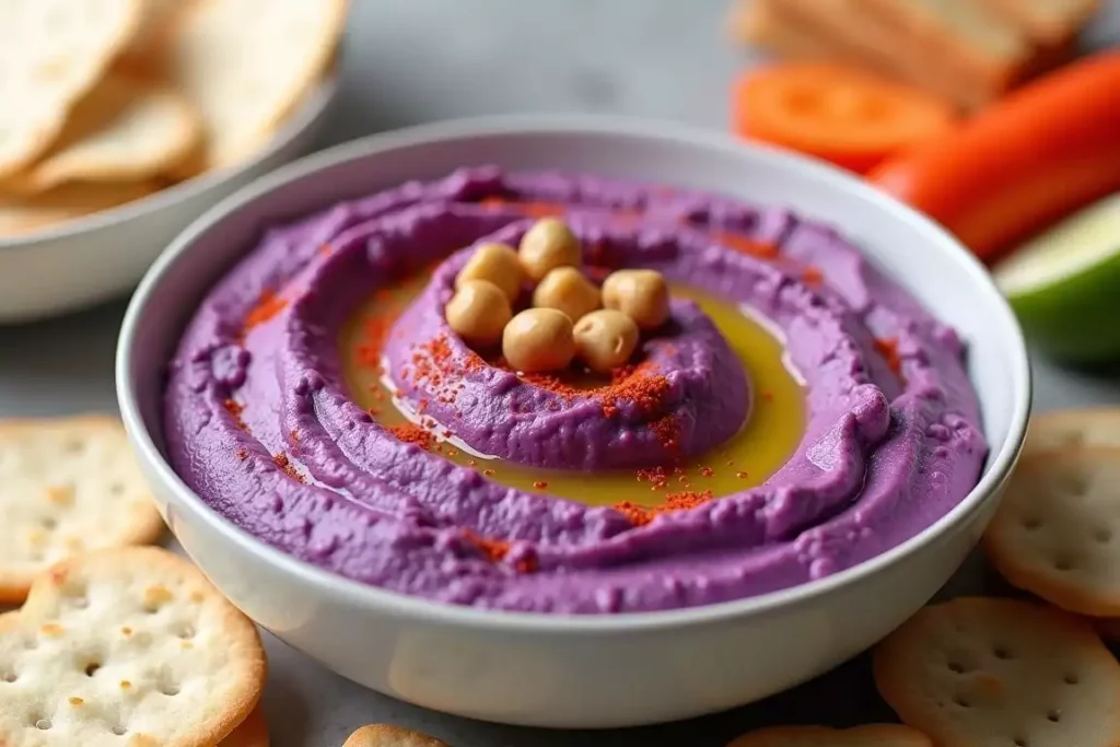 Purple sweet potato hummus served in a bowl with a drizzle of olive oil